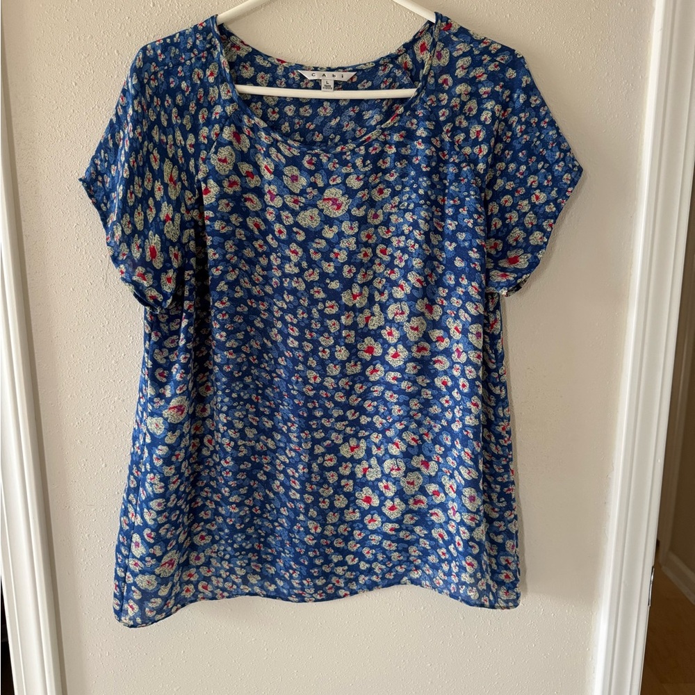 CaBi Women's sz Large Sheer Floral Blue Top Blouse Shirt